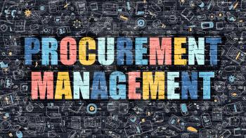 Procurement Management. Multicolor Inscription on Dark Brick Wall with Doodle Icons. Procurement Management Concept in Modern Style. Procurement Management Business Concept.