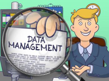 Officeman in Suit Looking at Camera and Holding a Text on Paper Data Management Concept through Magnifying Glass. Closeup View. Colored Modern Line Illustration in Doodle Style.