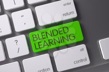 Blended Learning Concept: Slim Aluminum Keyboard with Blended Learning, Selected Focus on Green Enter Key. 3D Render.