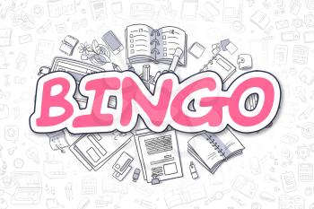 Bingo - Sketch Business Illustration. Magenta Hand Drawn Inscription Bingo Surrounded by Stationery. Doodle Design Elements. 