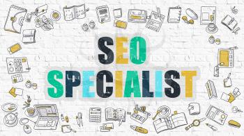 SEO - Search Engine Optimization - Specialist. Multicolor Inscription on White Brick Wall with Doodle Icons Around. Modern Style Illustration with Doodle Design Icons on White Brickwall Background.