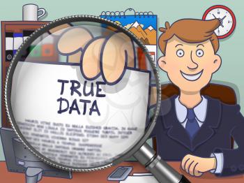 Businessman in Suit Showing Paper with Inscription True Data Concept through Lens. Closeup View. Multicolor Modern Line Illustration in Doodle Style.