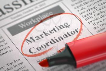 Newspaper with Classified Advertisement of Hiring Marketing Coordinator. Blurred Image with Selective focus. Concept of Recruitment. 3D.