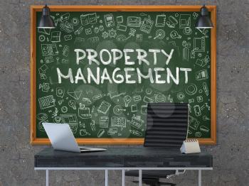Property Management - Handwritten Inscription by Chalk on Green Chalkboard with Doodle Icons Around. Business Concept in the Interior of a Modern Office on the Dark Old Concrete Wall Background. 3D.
