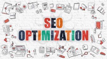 SEO - Search Engine Optimization - Optimization - Multicolor Concept with Doodle Icons Around on White Brick Wall Background. Modern Illustration with Elements of Doodle Design Style.