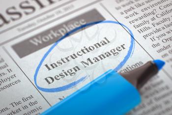 Newspaper with Vacancy Instructional Design Manager. Blurred Image. Selective focus. Concept of Recruitment. 3D Render.
