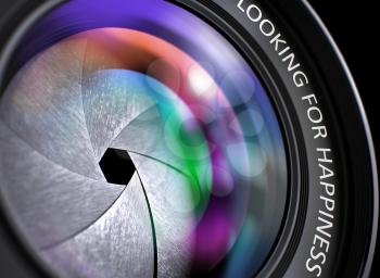 Looking For Happiness Concept. Closeup of a Professional Photo Lens with Beautiful Color Lights Reflections. Front of Camera Lens with Looking For Happiness Concept. 3D.