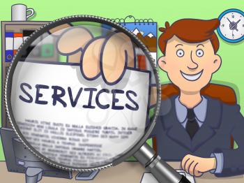 Business Man in Suit Holding a Text on Paper Services Concept through Magnifier. Closeup View. Multicolor Doodle Style Illustration.