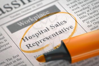 Hospital Sales Representative. Newspaper with the Vacancy, Circled with a Orange Marker. Blurred Image. Selective focus. Job Seeking Concept. 3D Illustration.