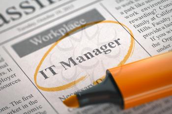 IT Manager - Job Vacancy in Newspaper, Circled with a Orange Highlighter. Blurred Image. Selective focus. Job Search Concept. 3D Render.