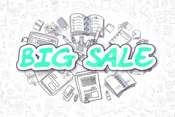 Cartoon Illustration of Big Sale, Surrounded by Stationery. Business Concept for Web Banners, Printed Materials. 