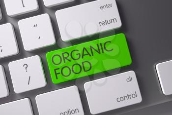 Organic Food Concept Metallic Keyboard with Organic Food on Green Enter Key Background, Selected Focus. 3D.