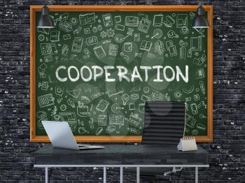 Cooperation Concept Handwritten on Green Chalkboard with Doodle Icons. Office Interior with Modern Workplace. Dark Brick Wall Background. 3D.