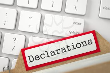 Declarations written on Red Card File Overlies White PC Keypad. Closeup View. Selective Focus. 3D Rendering.