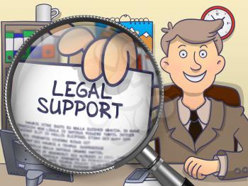 Legal Support through Magnifying Glass. Man Holds Out a Text on Paper. Closeup View. Colored Doodle Style Illustration.