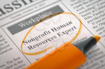 Nonprofit Human Resources Expert - Jobs in Newspaper, Circled with a Orange Marker. Blurred Image. Selective focus. Concept of Recruitment. 3D Render.