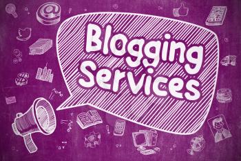 Speech Bubble with Inscription Blogging Services Doodle. Illustration on Purple Chalkboard. Advertising Concept. 