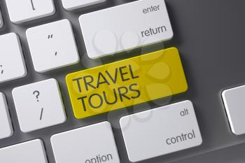 Concept of Travel Tours, with Travel Tours on Yellow Enter Button on Laptop Keyboard. 3D Illustration.