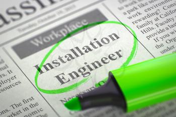 Installation Engineer. Newspaper with the Job Vacancy, Circled with a Green Highlighter. Blurred Image with Selective focus. Job Search Concept. 3D Render.