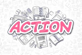 Magenta Word - Action. Business Concept with Doodle Icons. Action - Hand Drawn Illustration for Web Banners and Printed Materials. 