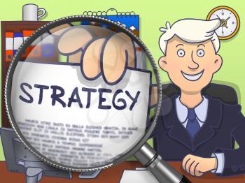 Officeman in Suit Looking at Camera and Shows Paper with Inscription Strategy Concept through Magnifier. Closeup View. Colored Doodle Illustration.