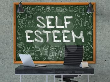 Self Esteem - Hand Drawn on Green Chalkboard in Modern Office Workplace. Illustration with Doodle Design Elements. 3D.