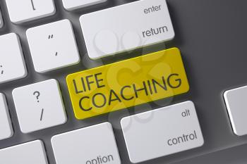 Life Coaching Concept: White Keyboard with Life Coaching, Selected Focus on Yellow Enter Keypad. 3D Render.