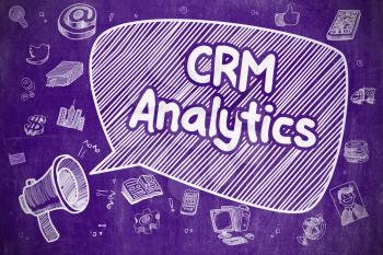 Business Concept. Bullhorn with Phrase CRM Analytics. Cartoon Illustration on Purple Chalkboard. CRM Analytics on Speech Bubble. Doodle Illustration of Shouting Loudspeaker. Advertising Concept. 