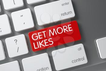 Concept of Get More Likes, with Get More Likes on Red Enter Keypad on Slim Aluminum Keyboard. 3D Render.