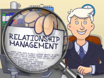 Relationship Management on Paper in Business Man's Hand to Illustrate a Business Concept. Closeup View through Magnifying Glass. Multicolor Doodle Style Illustration.