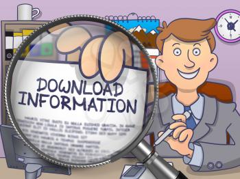 Download Information on Paper in Officeman's Hand through Magnifying Glass to Illustrate a Business Concept. Colored Doodle Style Illustration.