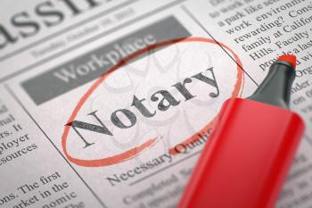 Notary - Jobs Section Vacancy in Newspaper, Circled with a Red Highlighter. Blurred Image. Selective focus. Hiring Concept. 3D Render.
