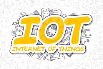 Business Illustration of IOT - Internet Of Things. Doodle Yellow Inscription Hand Drawn Cartoon Design Elements. IOT - Internet Of Things Concept. 