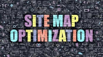 Site Map Optimization. Multicolor Inscription on Dark Brick Wall with Doodle Icons. Site Map Optimization Concept in Modern Style. Site Map Optimization Business Concept.