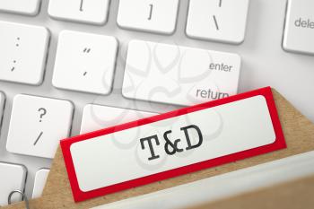 T and D written on Red Archive Bookmarks of Card Index Lays on Modern Laptop Keyboard. Closeup View. Blurred Illustration. 3D Rendering.