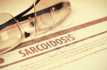 Sarcoidosis - Printed Diagnosis on Red Background and Specs Lying on It. Medicine Concept. Blurred Image. 3D Rendering.