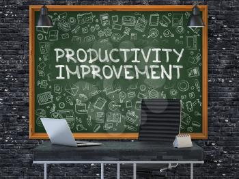 Productivity Improvement - Hand Drawn on Green Chalkboard in Modern Office Workplace. Illustration with Doodle Design Elements. 3D.