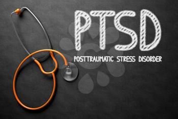 Medical Concept: PTSD - Posttraumatic Stress Disorder - Text on Black Chalkboard with Orange Stethoscope. Medical Concept: Black Chalkboard with PTSD - Posttraumatic Stress Disorder. 3D Rendering.