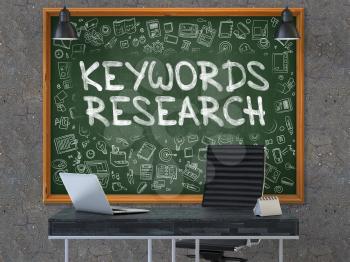 Keywords Research - Handwritten Inscription by Chalk on Green Chalkboard with Doodle Icons Around. Business Concept in the Interior of a Modern Office on the Dark Old Concrete Wall Background. 3D.
