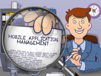 Mobile Application Management on Paper in Business Man's Hand to Illustrate a Business Concept. Closeup View through Lens. Multicolor Doodle Illustration.