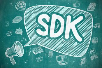Speech Bubble with Wording SDK - Software Development Kit Hand Drawn. Illustration on Blue Chalkboard. Advertising Concept. 