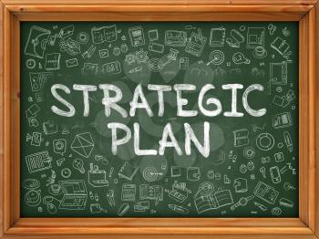 Strategic Plan Concept. Modern Line Style Illustration. Strategic Plan Handwritten on Green Chalkboard with Doodle Icons Around. Doodle Design Style of Strategic Plan Concept.