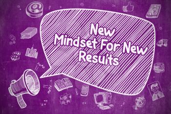 Business Concept. Loudspeaker with Wording New Mindset For New Results. Cartoon Illustration on Purple Chalkboard. 
