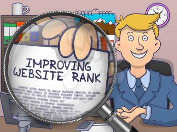 Improving Website Rank on Paper in Man's Hand through Magnifying Glass to Illustrate a Business Concept. Colored Doodle Style Illustration.