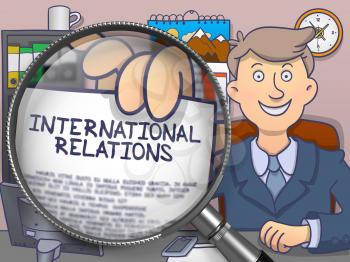 International Relations. Officeman Showing Concept on Paper through Magnifier. Multicolor Modern Line Illustration in Doodle Style.