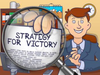 Strategy for Victory. Smiling Businessman in Office Holding a Paper with Inscription through Magnifying Glass. Colored Doodle Style Illustration.