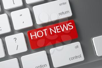 Hot News Concept: Metallic Keyboard with Hot News, Selected Focus on Red Enter Key. 3D Illustration.