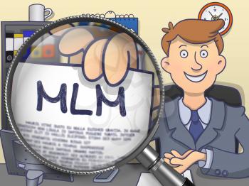MLM - Multi Level Marketing. Officeman Shows Text on Paper through Magnifying Glass. Multicolor Doodle Illustration.