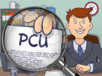 PCU - Peak Concurrent User. Handsome Man Welcomes in Office and Shows Paper with Text through Lens. Multicolor Doodle Style Illustration.
