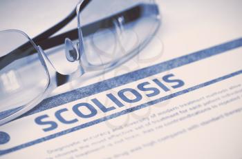 Scoliosis - Printed Diagnosis on Blue Background and Pair of Spectacles Lying on It. Medicine Concept. Blurred Image. 3D Rendering.
